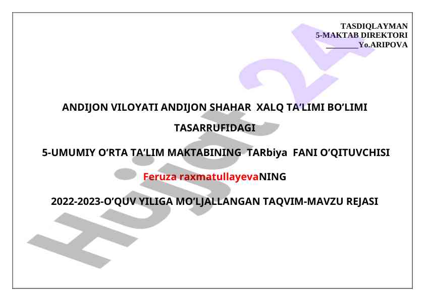 Tarbiyaning taqqvim-mavzu rejasi 5-11 sinf uchun