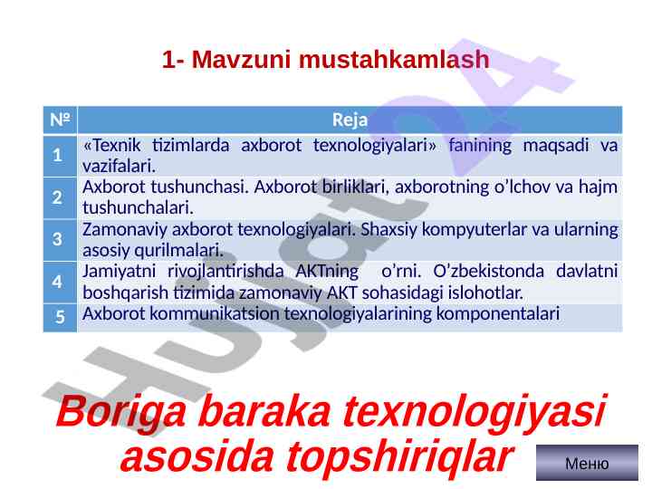 Boriga baraka texnologiyasi asosida topshiriqlar