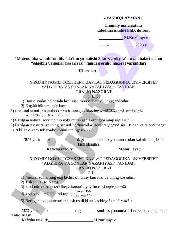 Algebra va sonlar nazariyasi oraliq nazorat variantlari