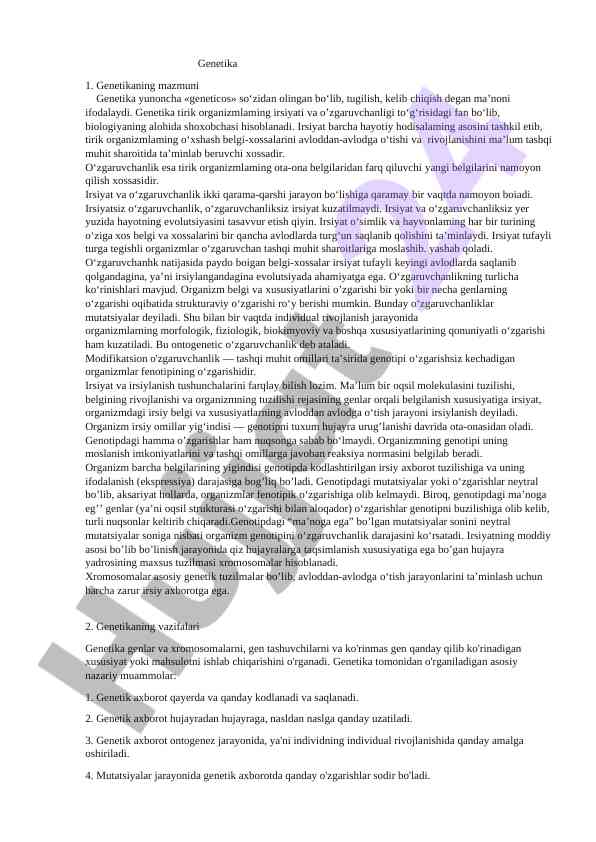 Genetika va irsiyat o‘zgarmasligini o‘rganish