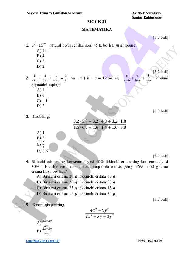 Matematika testi bo'yicha savollar