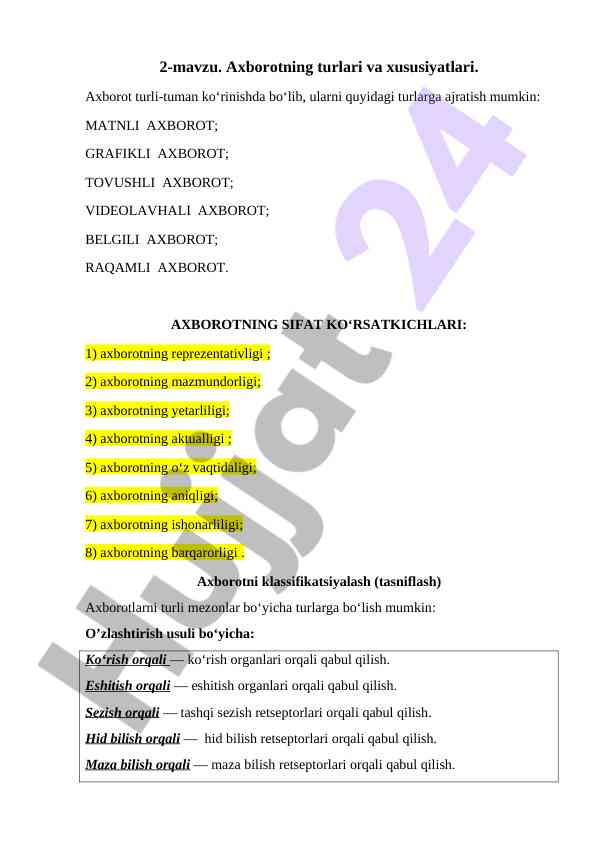 Axborotning turlari va xususiyatlari tahlili