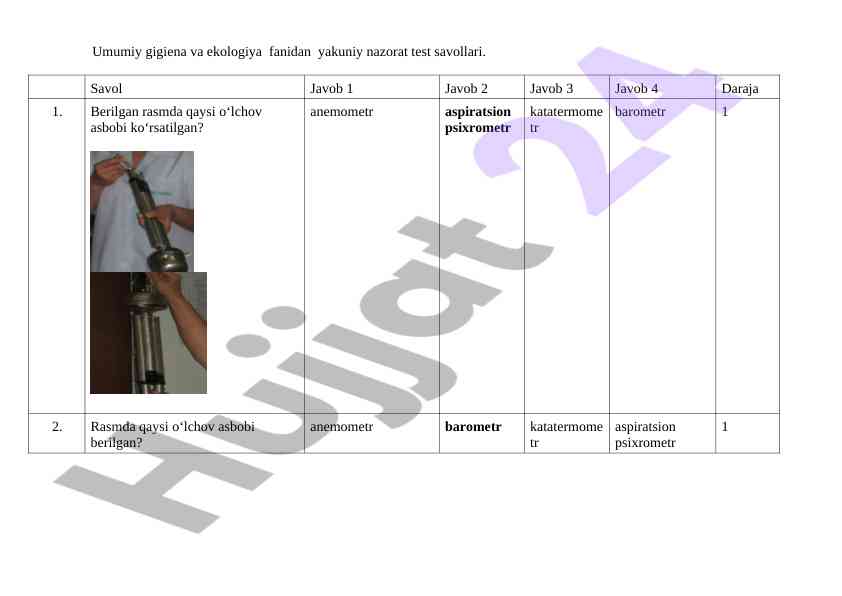 Umumiy gigiena va ekologiya test savollari