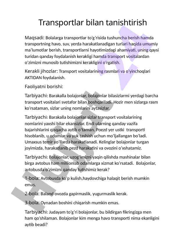 Transportlar bilimlarini o‘rganish darsi