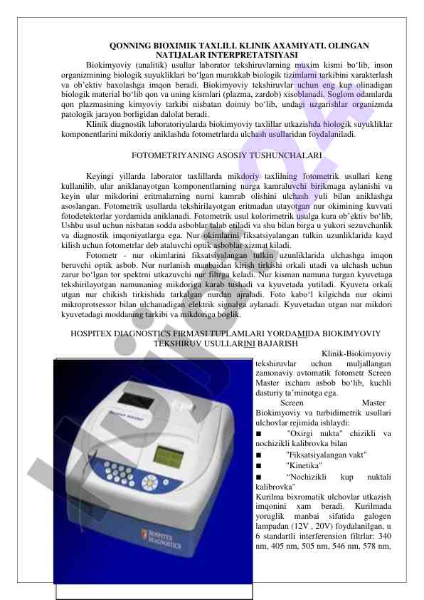 Qonning biokimik tahlili va klinik ahmiyati