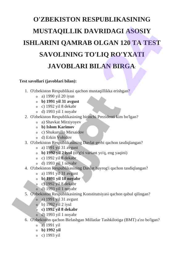 O'zbekiston mustaqillik davri test savollari