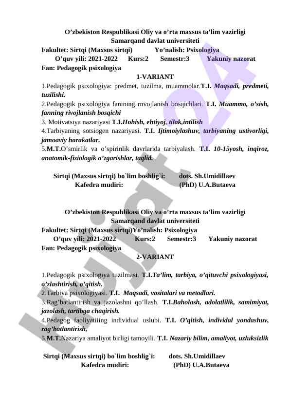 Pedagogik psixologiya kursi boiicha yakuniy nazorat