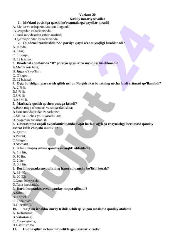 Variant-20 kasbiy nazariy savollar