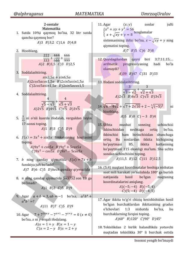 Matematika hisoblashlarni hal etish bo'yicha test