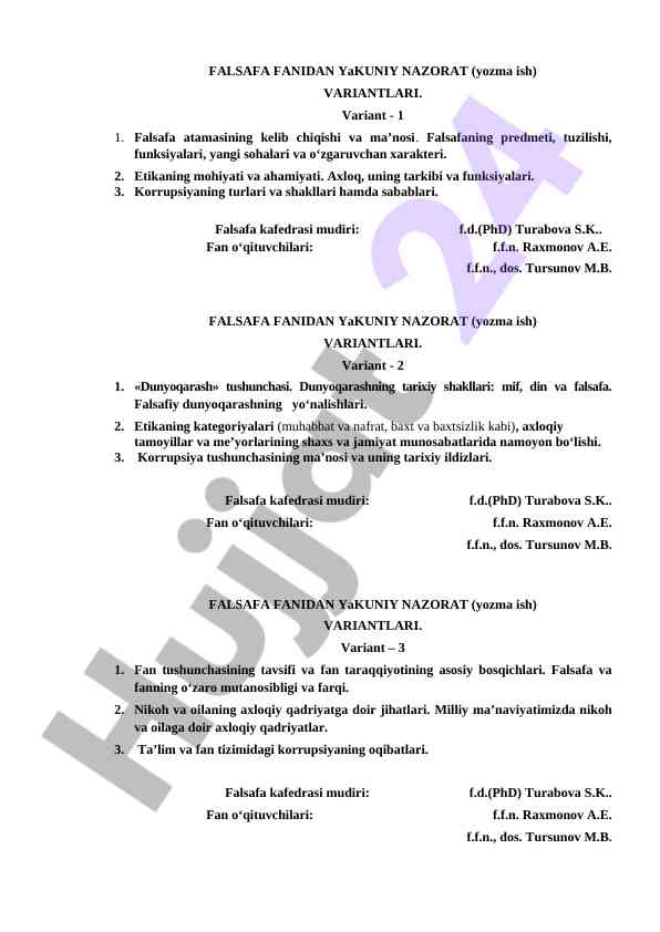 Falsafa fanidan yakuniy nazorat ishining variantlari