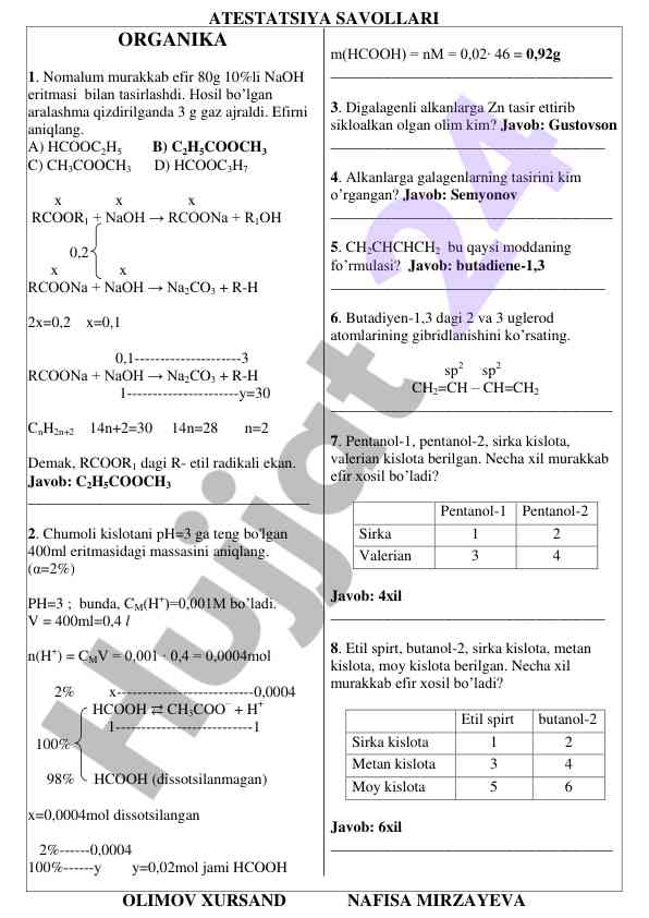 Organika kimyosi test savollari