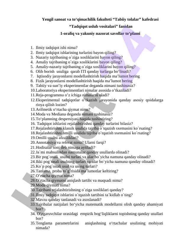 Tadqiqot usullari bo‘yicha nazorat savollari