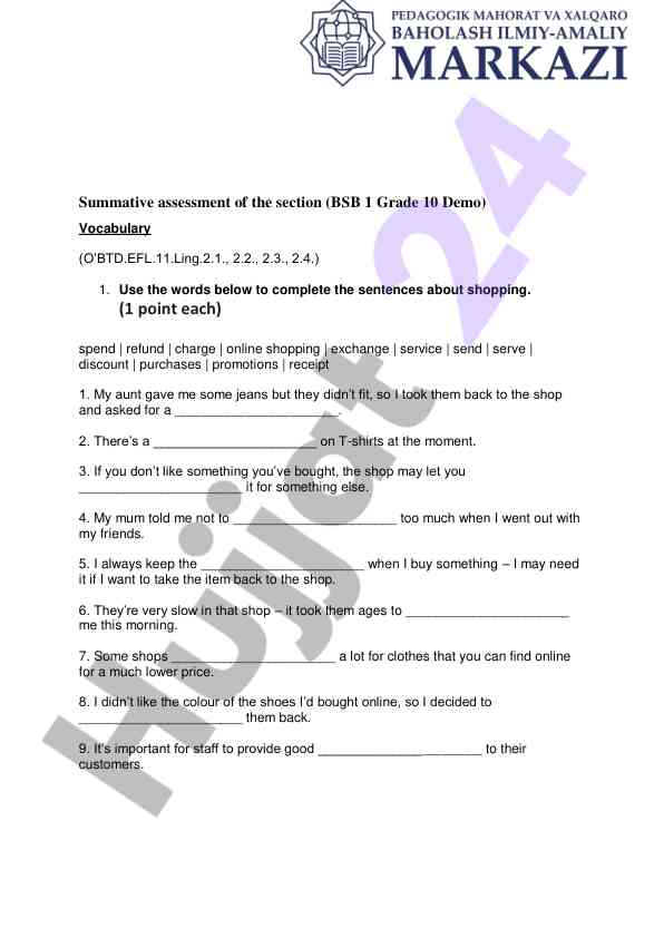 Summative assessment of section vocabulary grade 10