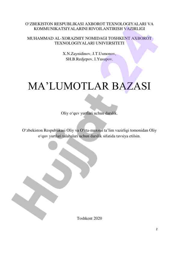 Ma’lumotlar bazasi darslik oliy o‘quv yurtlari uchun