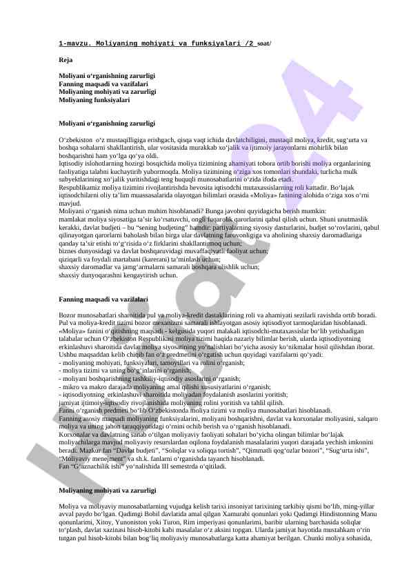 Moliyaning mohiyati va funksiyalari o‘rganilishi