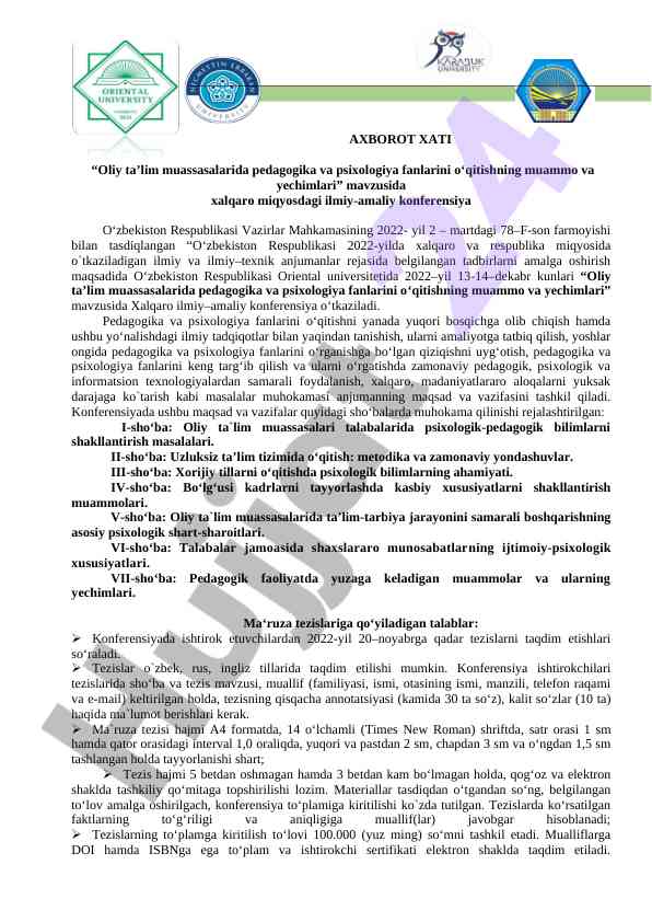Oliy Ta’lim Muassasalarida Pedagogika Va Psixologiya