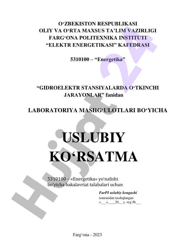 Gidroelektr stansiyalarda oʻtkinchi jarayonlar laboratoriya ishlari
