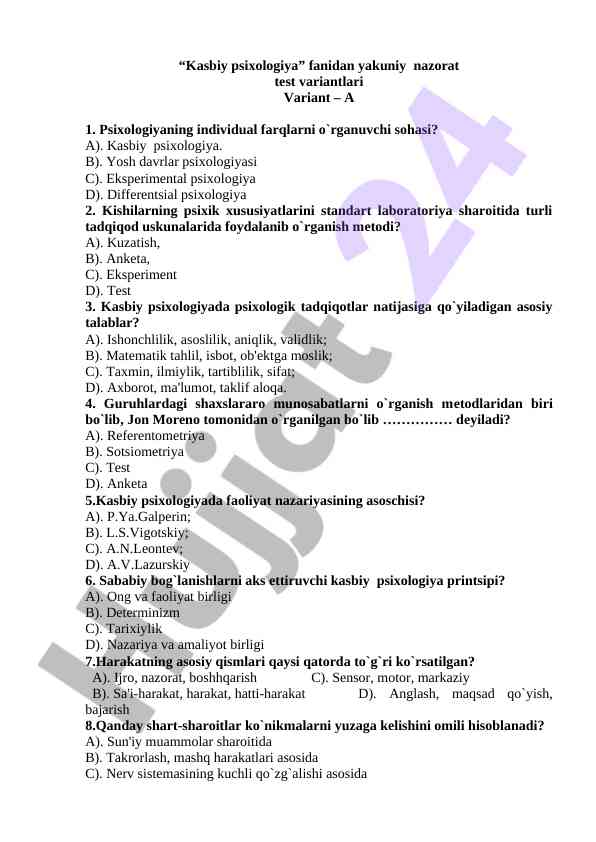 Kasbiy psixologiya yakuniy nazorat test variantlari