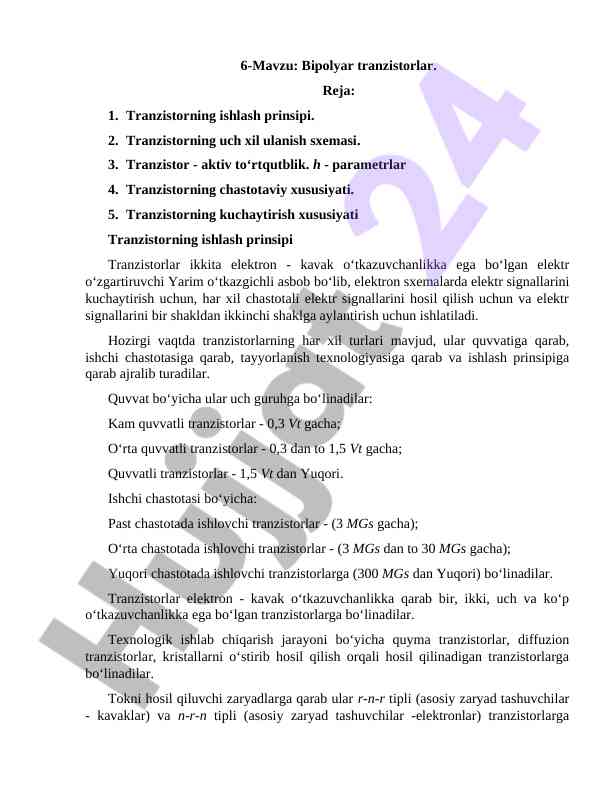 Bipolyar tranzistorlar ishlash prinsipi
