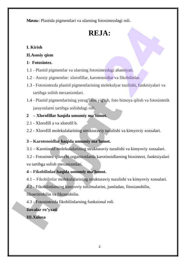 Plastida pigmentlari va fotosintezdagi roli