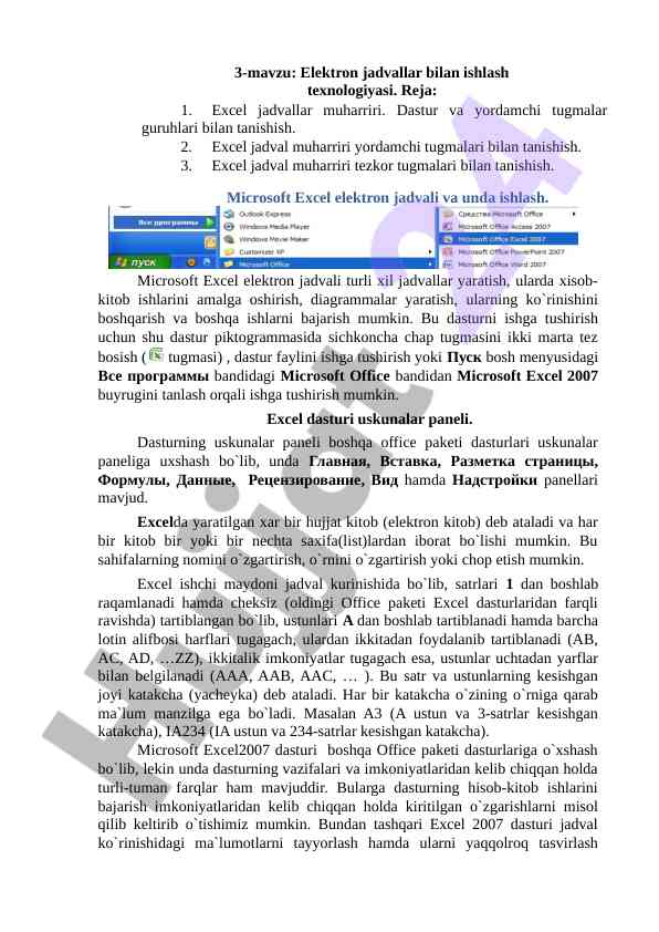 Elektron jadvallar bilan ishlash texnologiyasi
