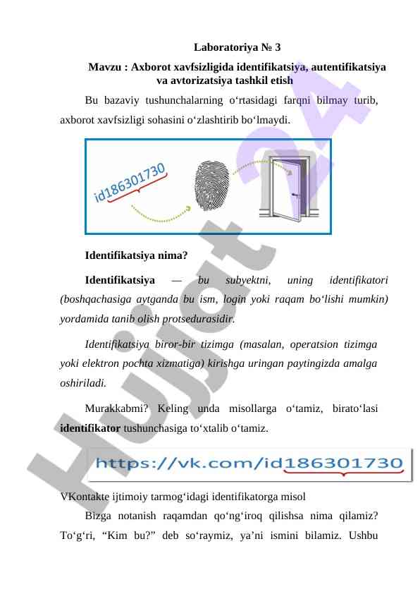 Axborot xavfsizligida identifikatsiya va avtorizatsiya