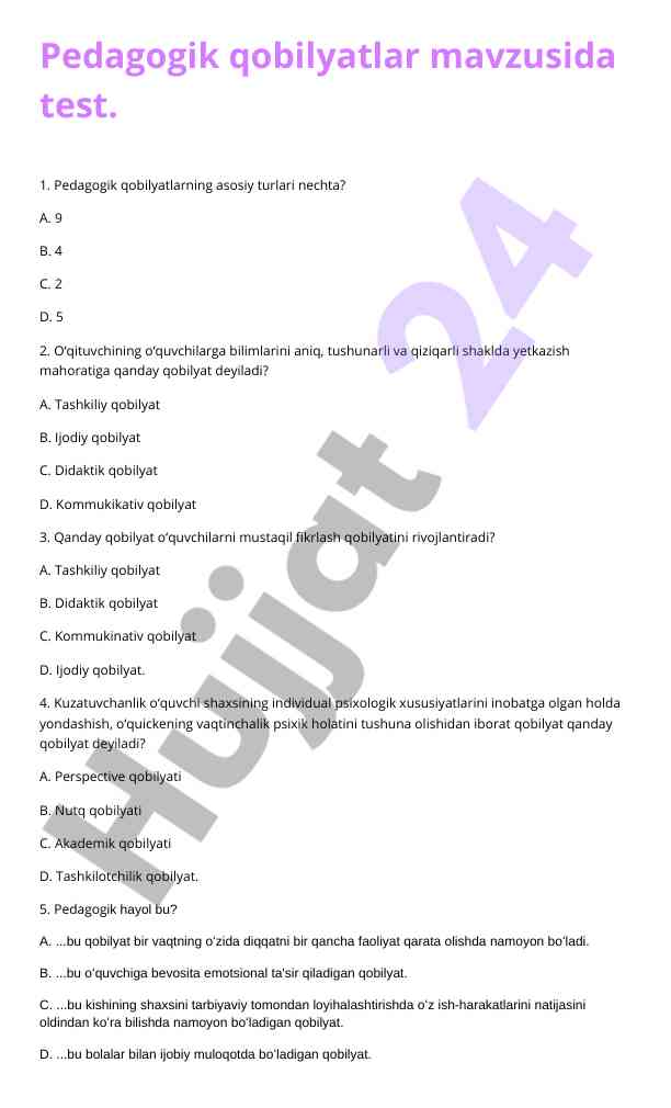 Pedagogik qobilyatlar mavzusida test savollari
