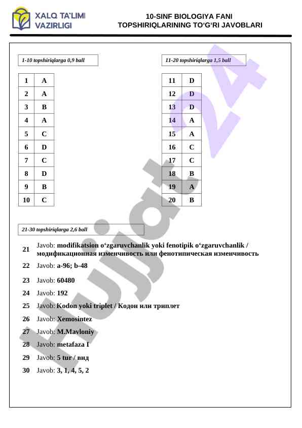 Biologiya fanidan test savollari