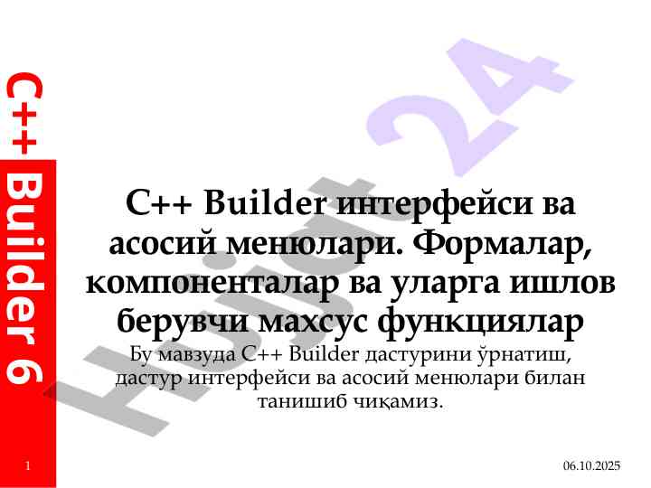 C++ builder интерфейси ва асосий менюлари
