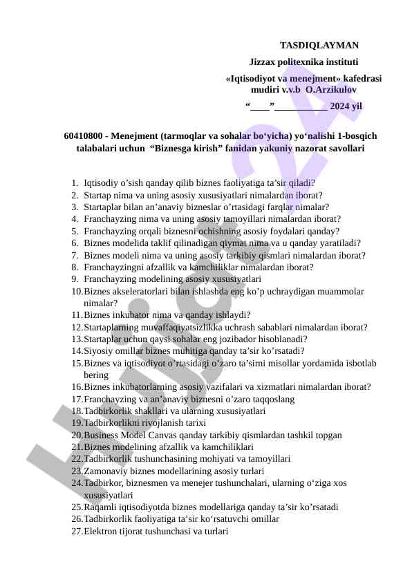 Biznesga kirish fanidan yakuniy nazorat savollari