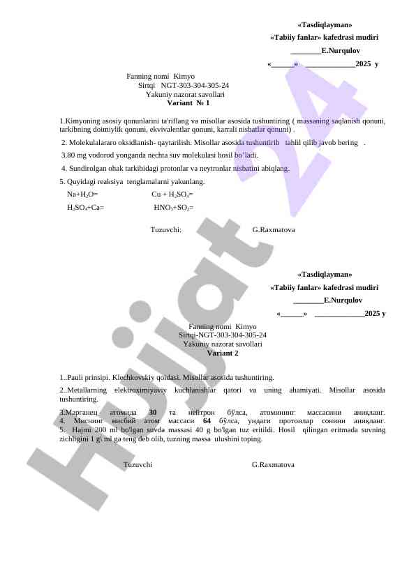 Kimyo sirtqi yakuniy nazorat savollari variant 1