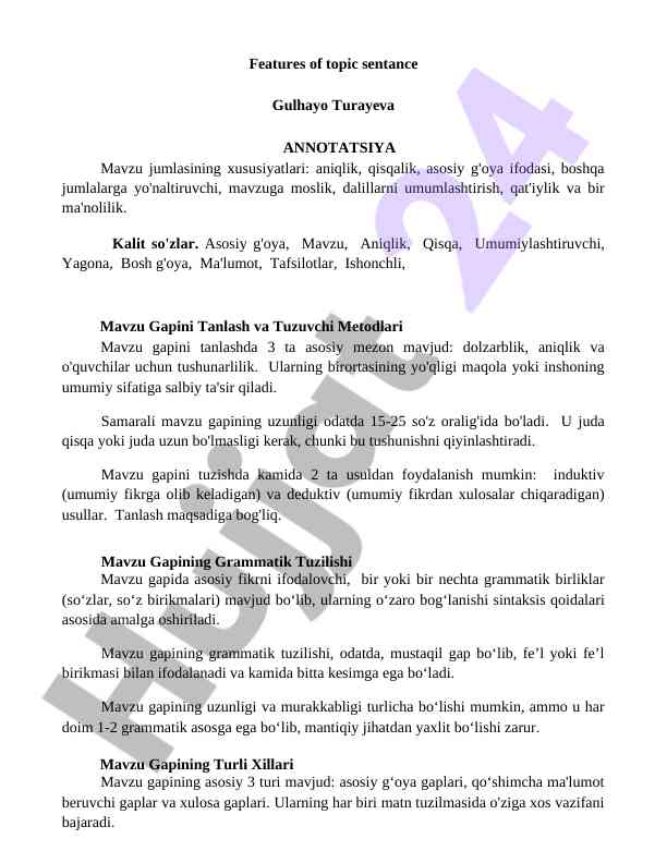 Mavzu jumlasining xususiyatlari va tuzilishi