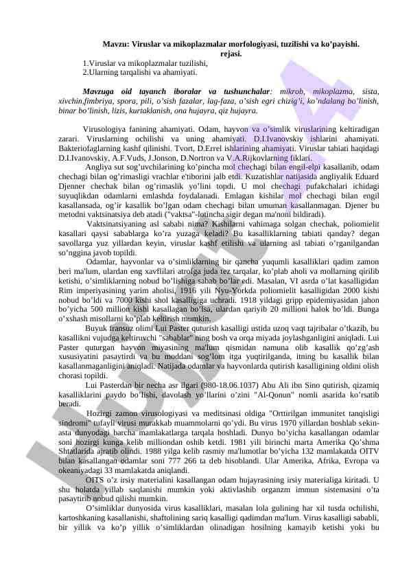 Viruslar va mikoplazmalar morfologiyasi va tuzilishi