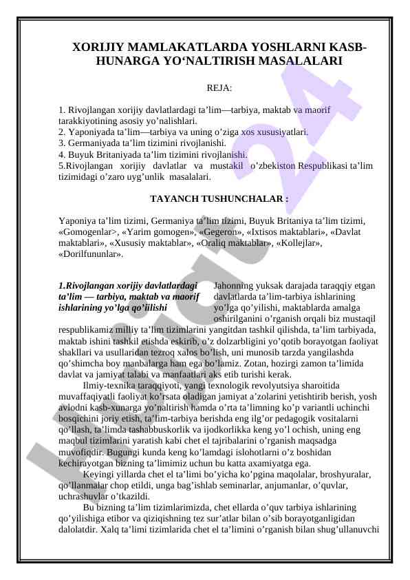 Xorijiy davlatlarda yoshlarga kasb-hunarga yo‘naltirish