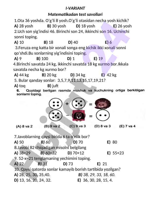 Matematika test savollari i-ii variantlar