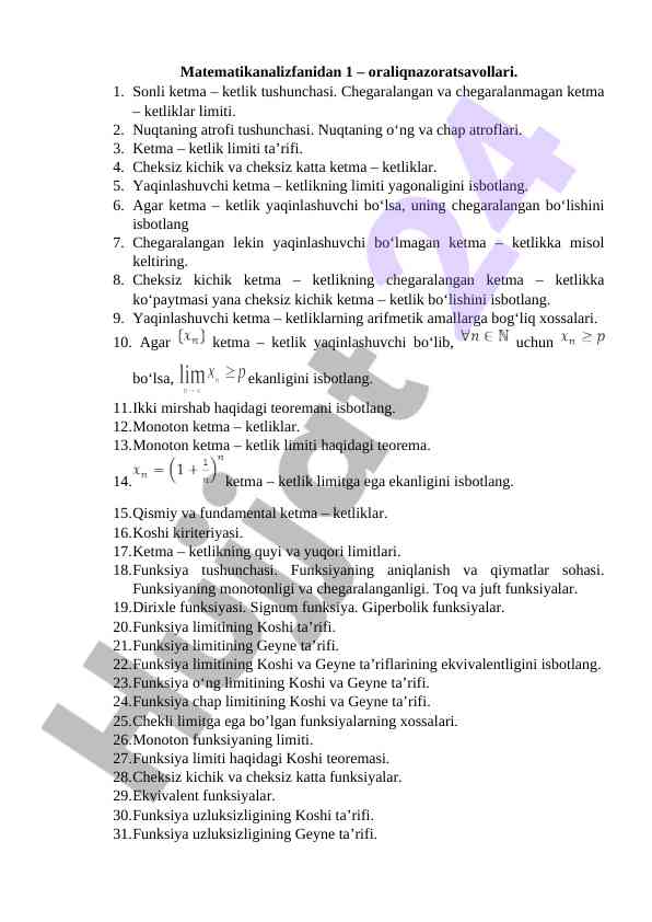 Matematikanaliz fanidan oraliq nazorat savollari