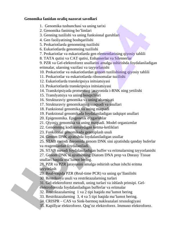 Genomika fanidan oraliq nazorat savollari