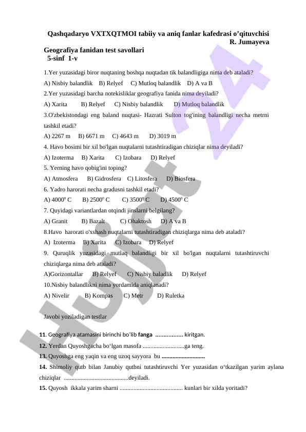 Geografiya fanidan 5-sinf test savollari