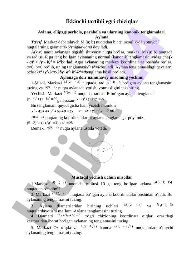 Ikkinchi tartibli egri chiziqlar aylana tenglamalari