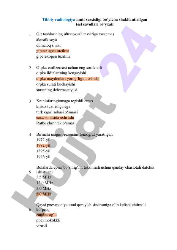 Test savollari tibbiy radiologiya mutaxassisligi uchun