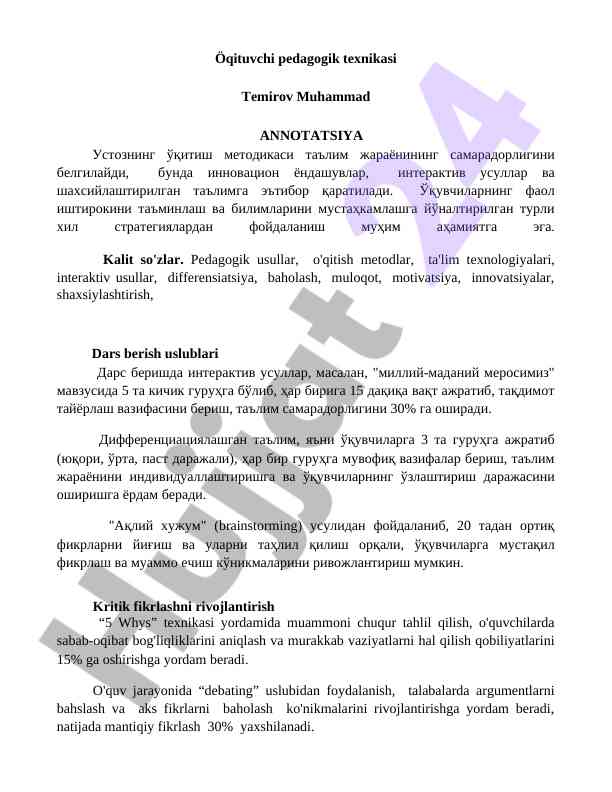 Öqituvchi pedagogik texnikasi va innovatsion yondashuvlar