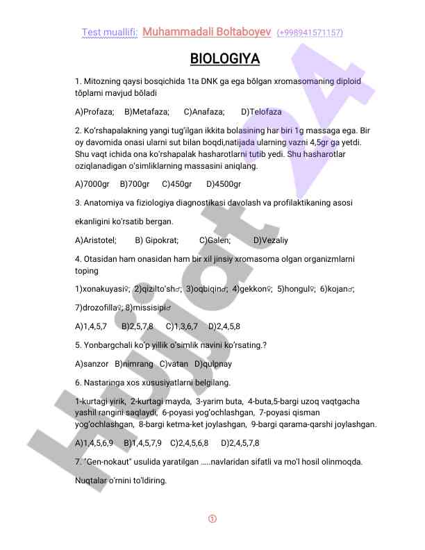 Biologiya mitoz va anatomiyaga oid test savollari