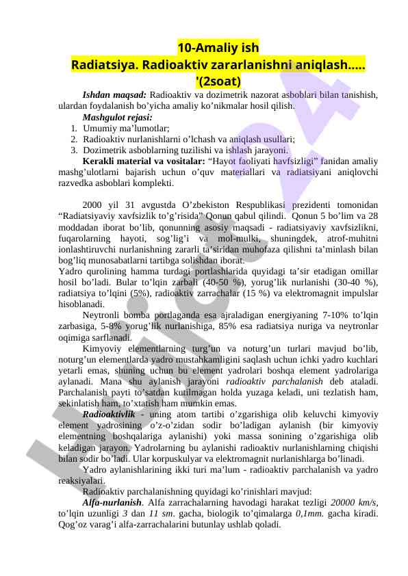 Radiatsiya nazorati va dozimetrik asboblar bo'yicha amaliy ish