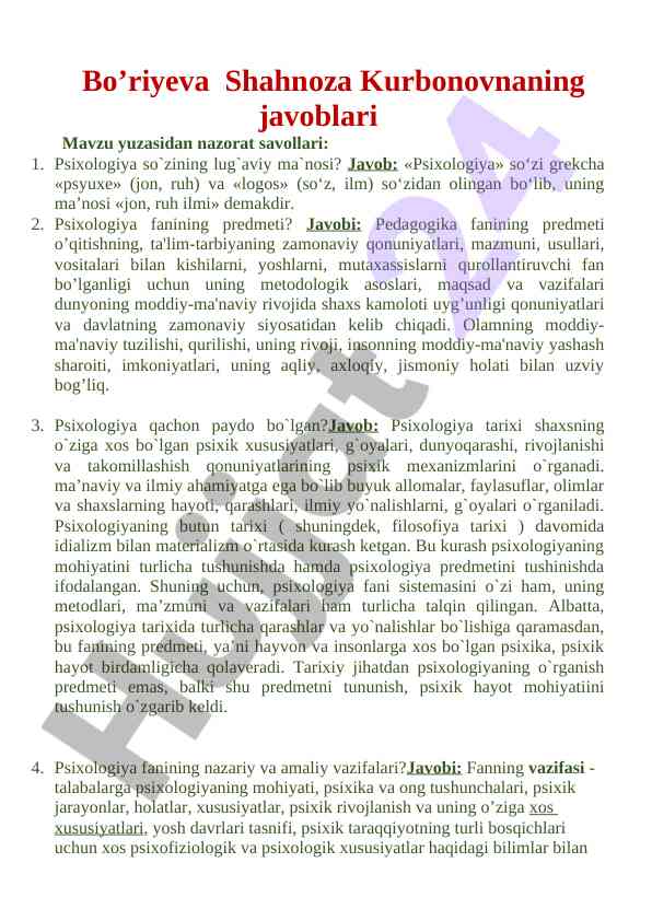 Psixologiya fanining asosiy mavzulari