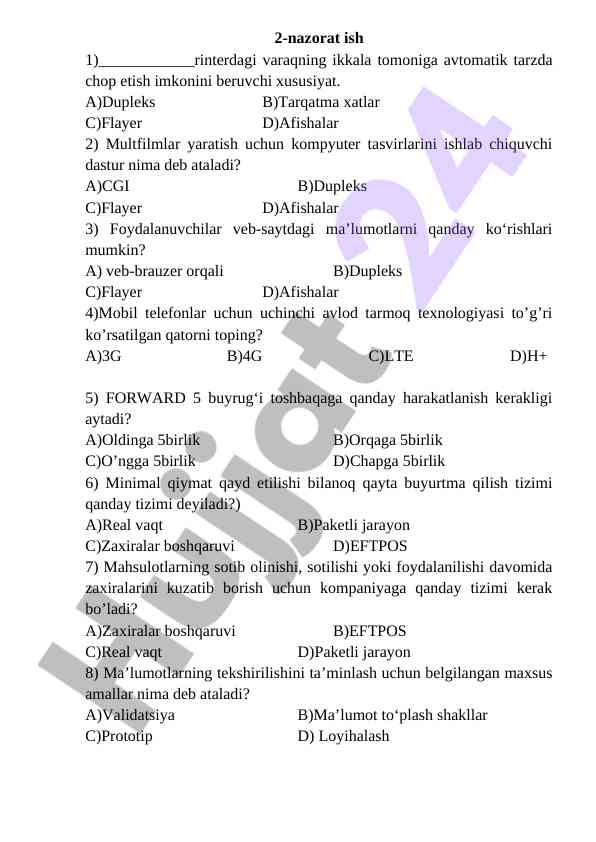 Nazorat ishiga doir savollar