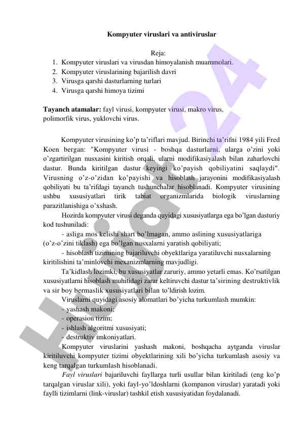Kompyuter viruslari va antiviruslar: reja va tariflar