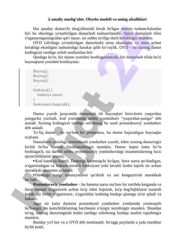 Obyektga yo'naltirilgan dasturlash asoslari