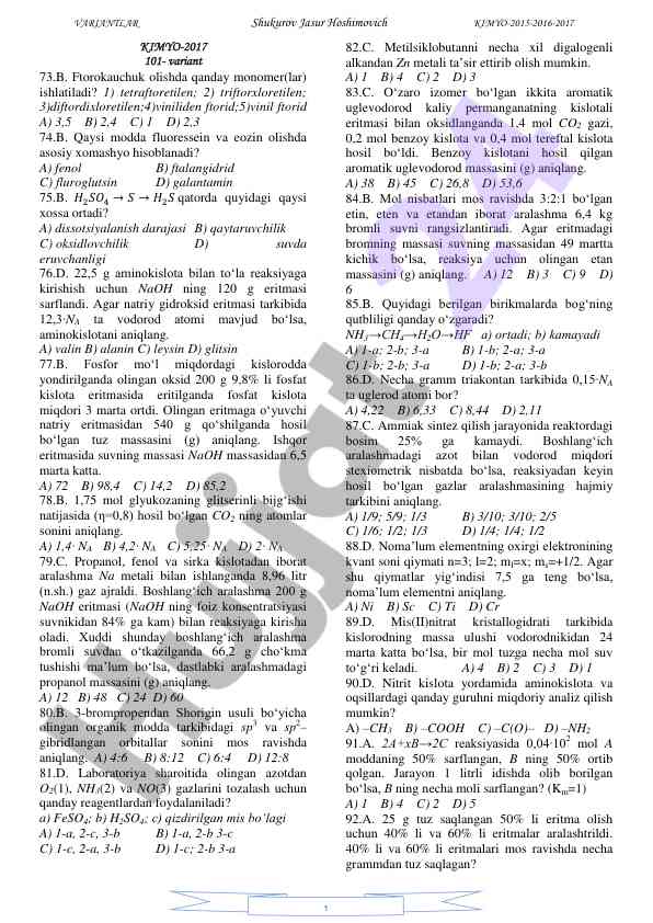 Kimyo sinov savollari va javoblari