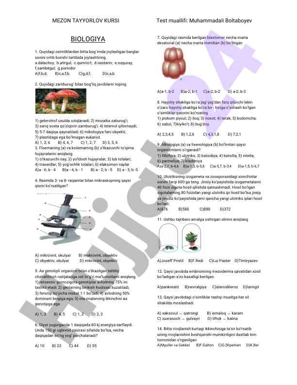 Biologiya test savollari va javoblari