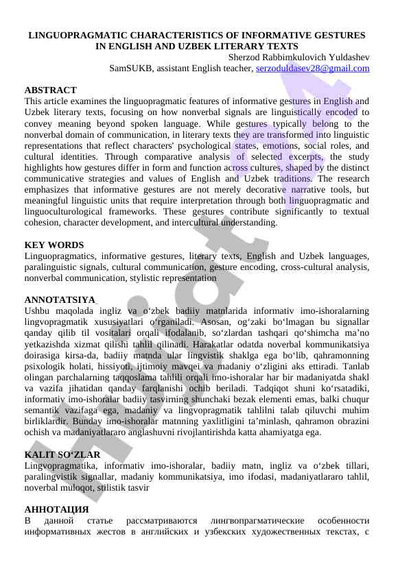 Linguopragmatik xususiyatlar va gestlar tahlili